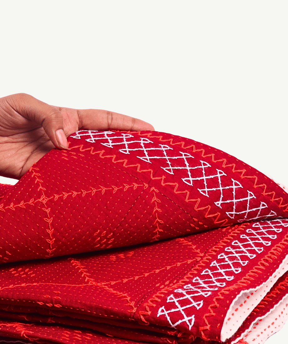 Handmade Nokshikatha – Red Traditional Embroidered Quilt - Image 3