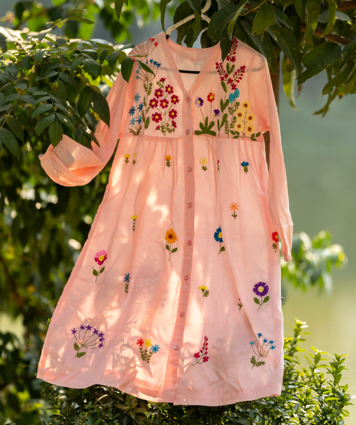 Peach Floral Hand-Embroidered Cotton Kurti - Image 2