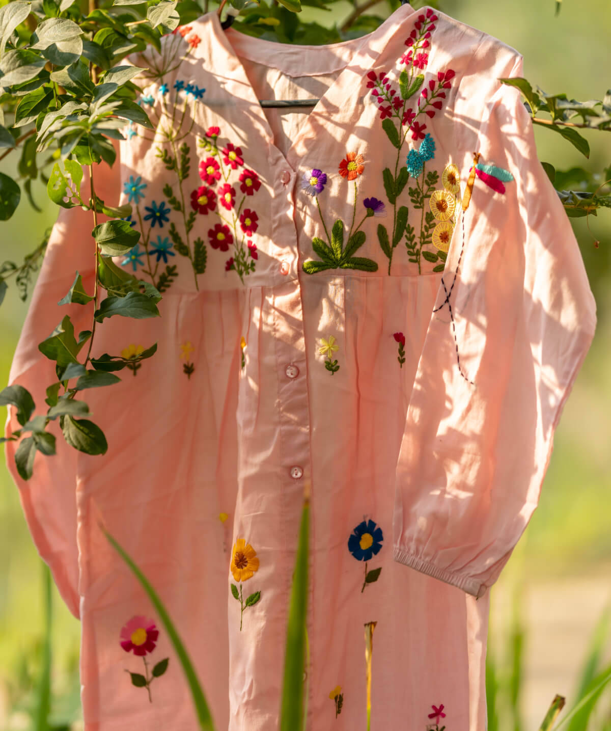 Peach Floral Hand-Embroidered Cotton Kurti - Image 3