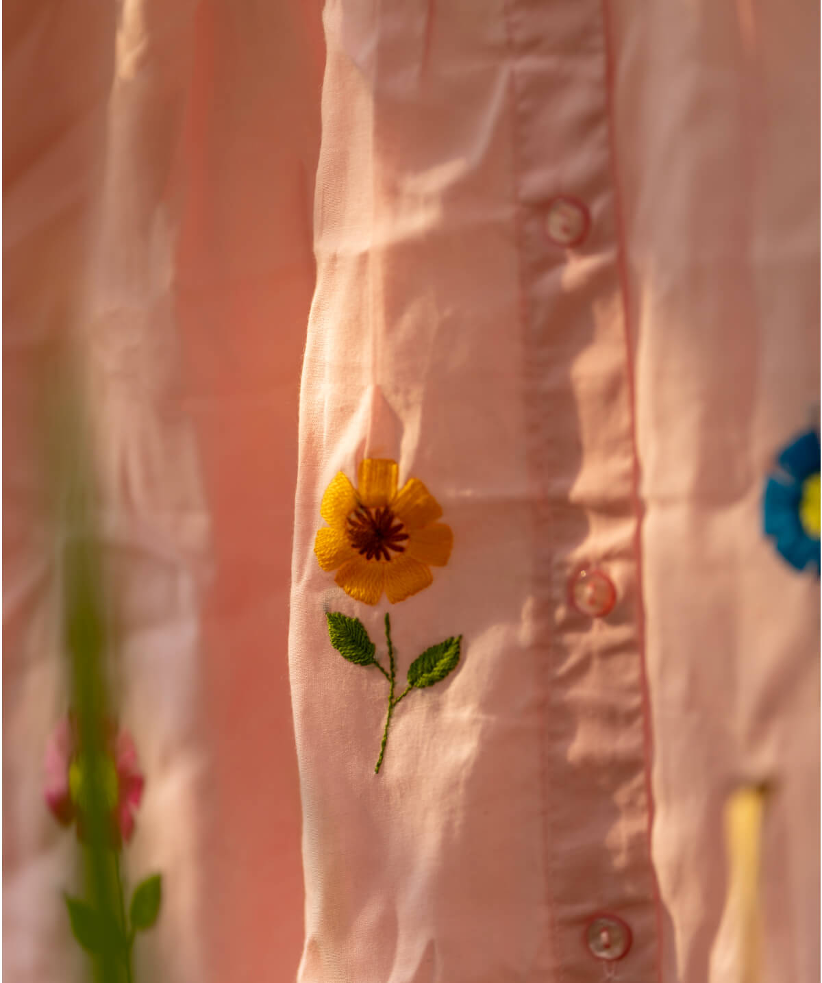 Peach Floral Hand-Embroidered Cotton Kurti - Image 4